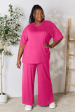 Double Take Full Size Round Neck Slit Top and Pants Set 