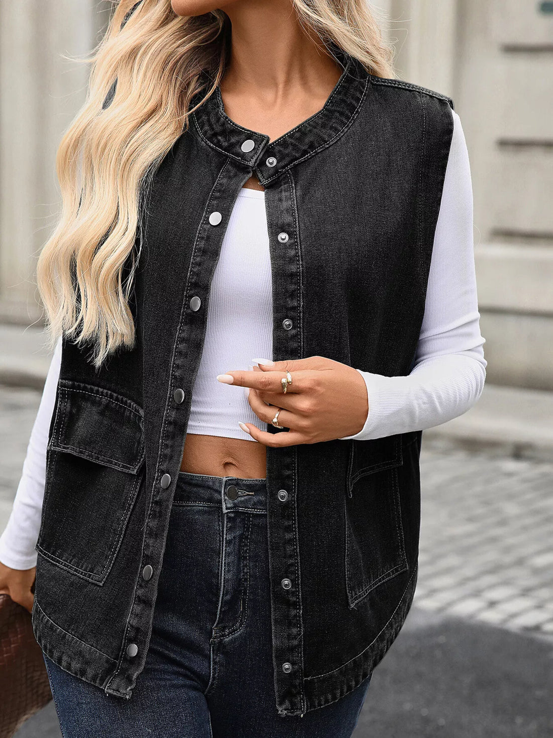 Snap Down Sleeveless Denim Jacket 