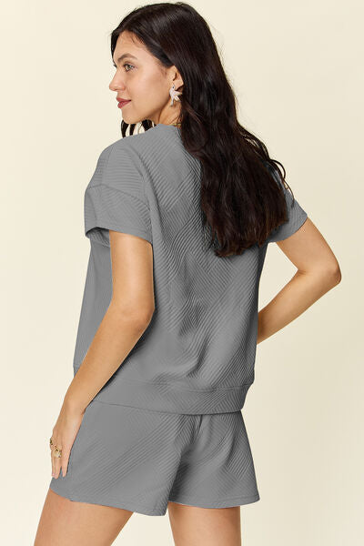 Double Take Full Size Texture Short Sleeve T-Shirt and Drawstring Shorts Set 