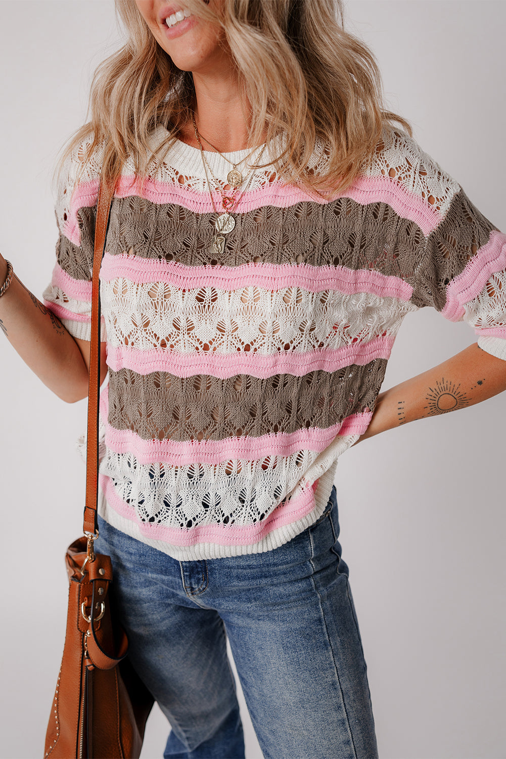 Brown Stripe Color Block Hollow Out Crochet Half Sleeve Sweater Sweaters & Cardigans/Short Sleeve Sweaters