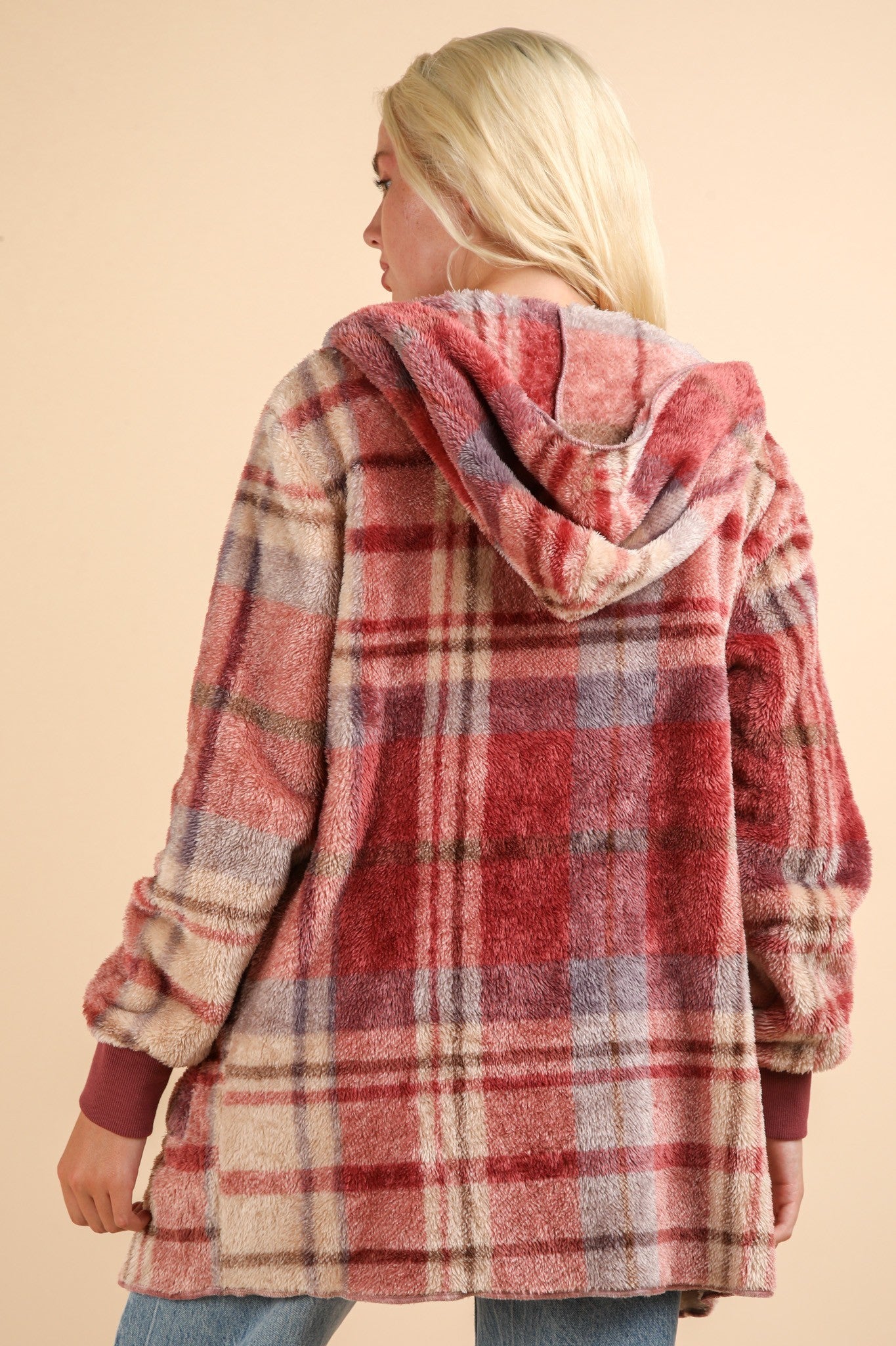 VERY J Fuzzy Plaid Long Sleeve Hooded Jacket 