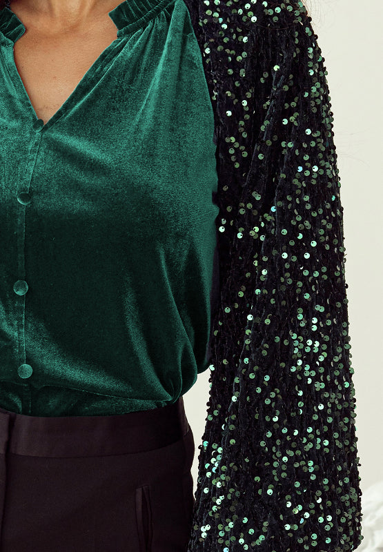 Sequin Notched Long Sleeve Blouse 