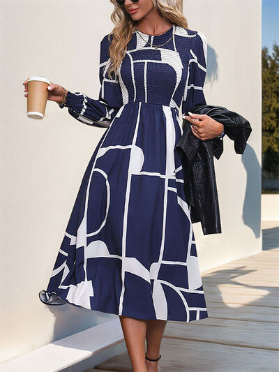 Perfee Smocked Color Block Long Sleeve Midi Dress Dresses