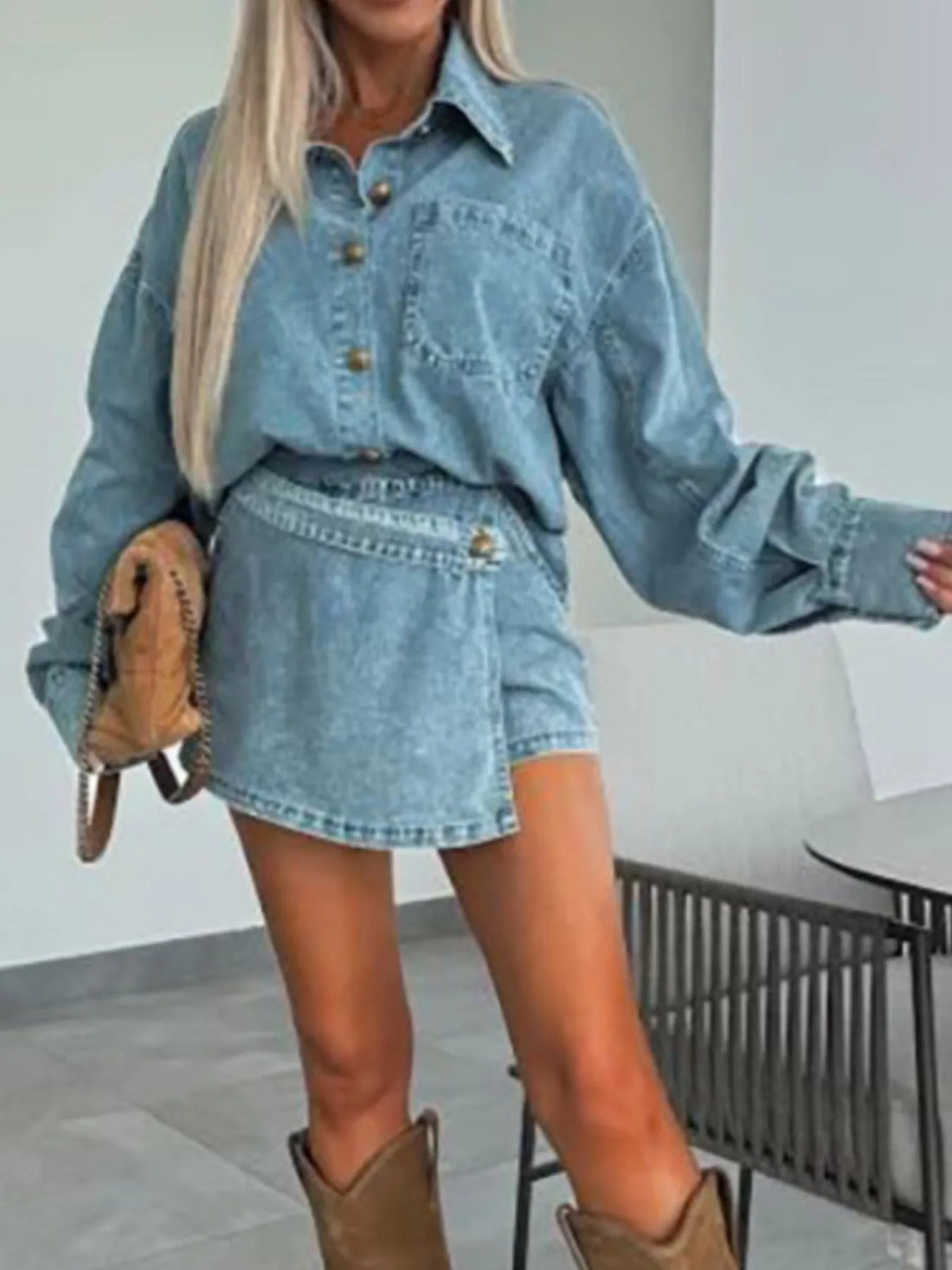 Button-Front Shirt and Mini Skirt Oversized Denim Set Two Piece Dresses