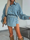 Button-Front Shirt and Mini Skirt Oversized Denim Set Two Piece Dresses