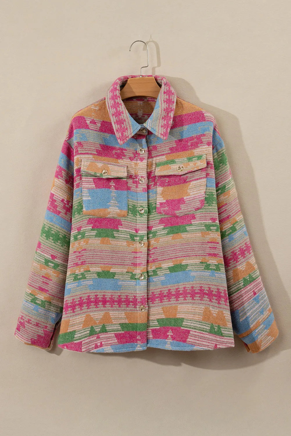 Plus Size Pocketed Printed Collared Neck Jacket 