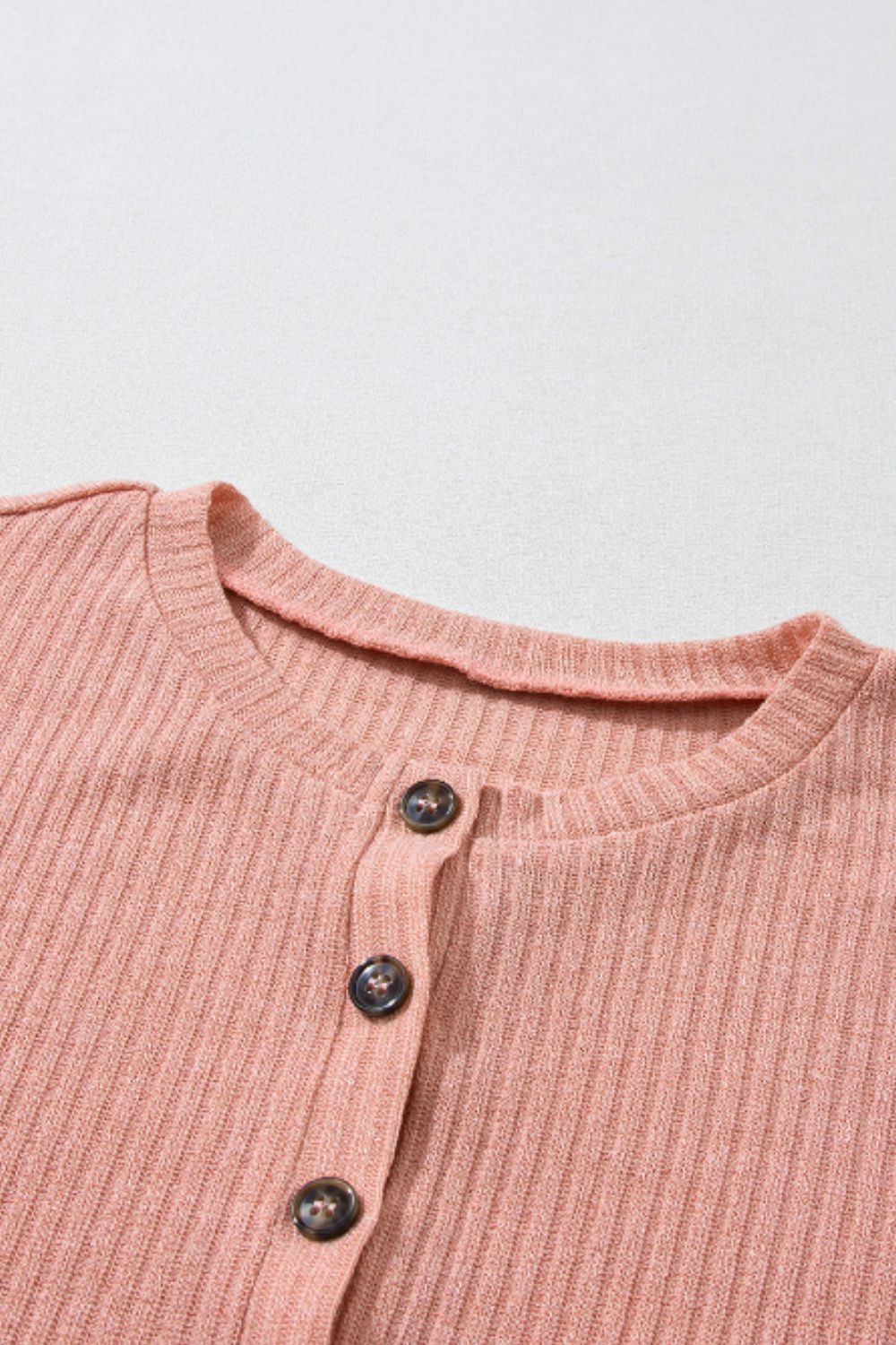 Quarter Button Round Neck Dropped Shoulder Knit Top 