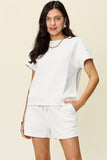Double Take Full Size Texture Short Sleeve T-Shirt and Drawstring Shorts Set 