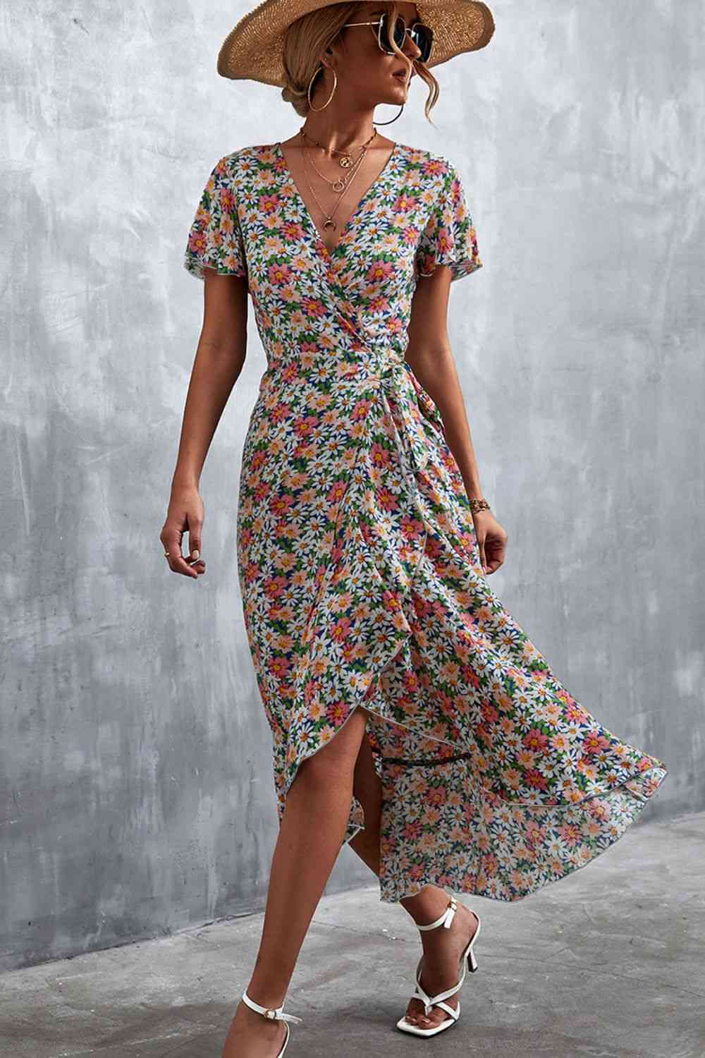 Floral Surplice Neck Tied Midi Dress Dresses