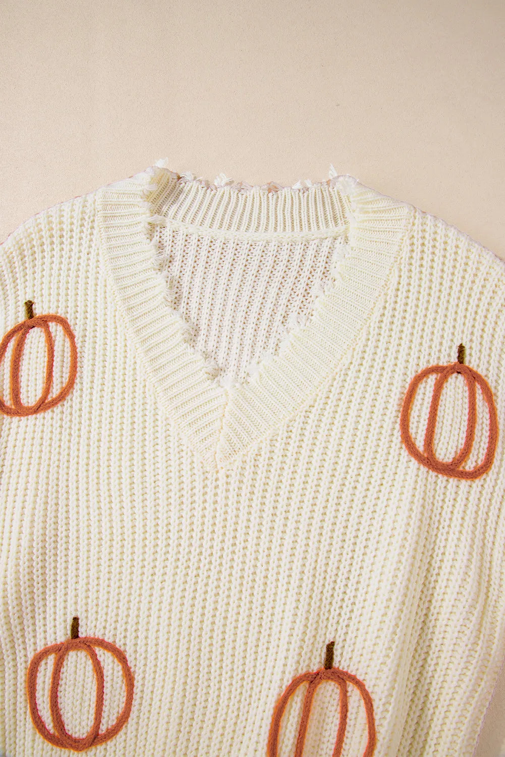 Raw Hem Pumpkin V-Neck Long Sleeve Sweater 