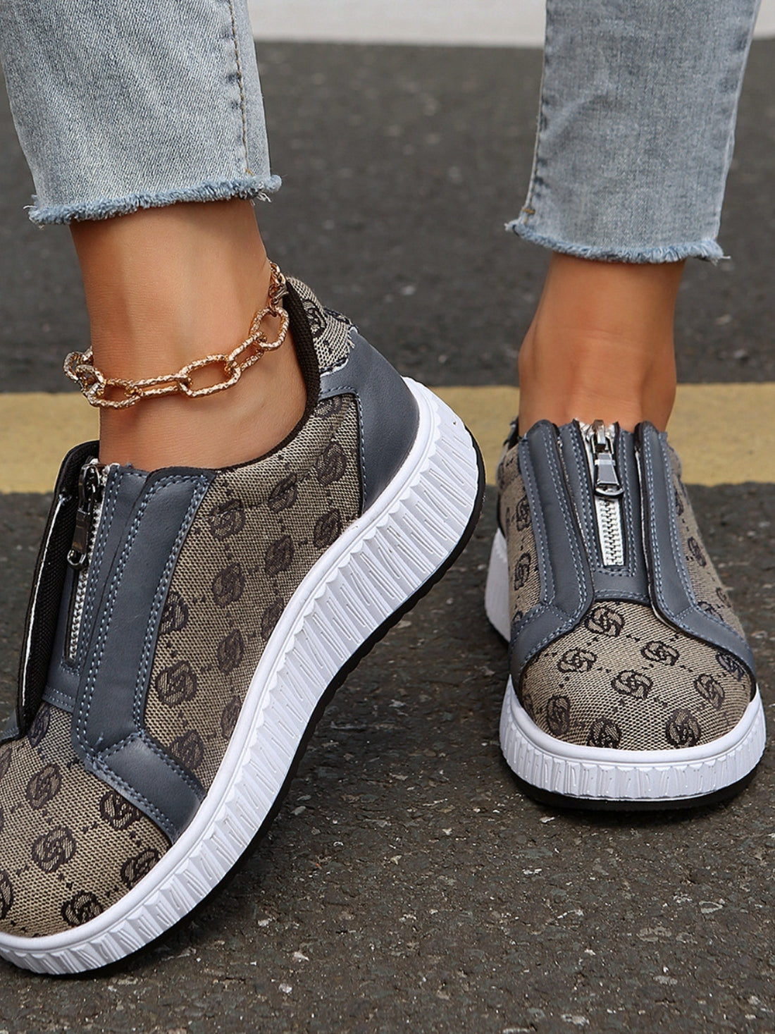 Floral Round Toe Sneakers with Zip 