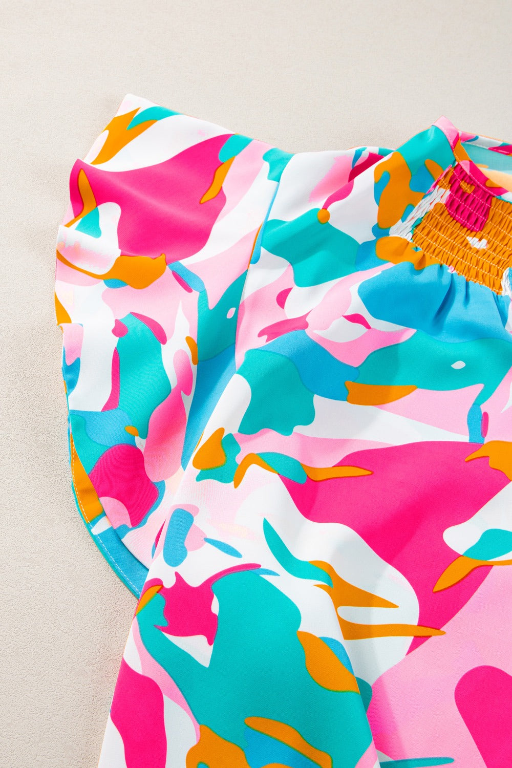 Plus Size Ruffled Printed Notched Cap Sleeve Blouse 