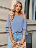 Asymmetrical Neck Sheer Striped Flare Sleeve Blouse 