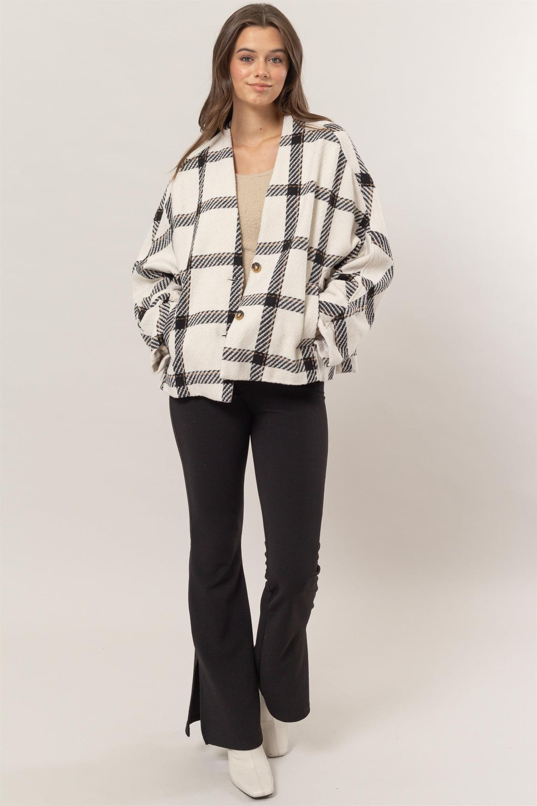 HYFVE Plaid Long Sleeve Jacket with Side Slit Pockets 