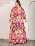Plus Size Printed Tie Neck Maxi Dress 