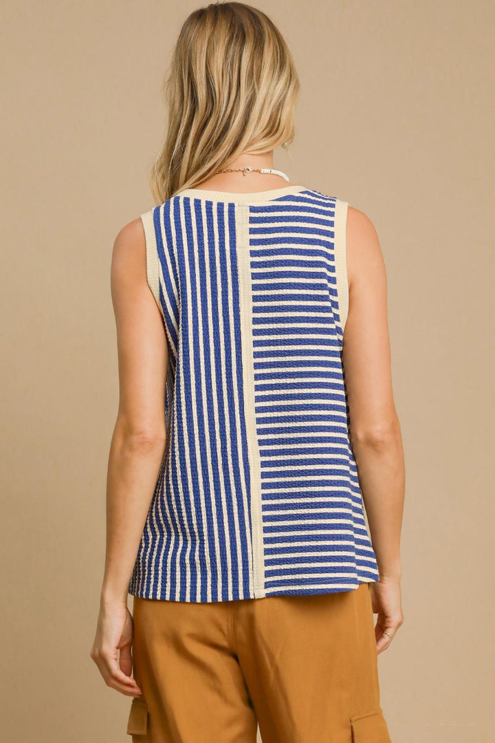Umgee Round Neck Texture Striped Tank 