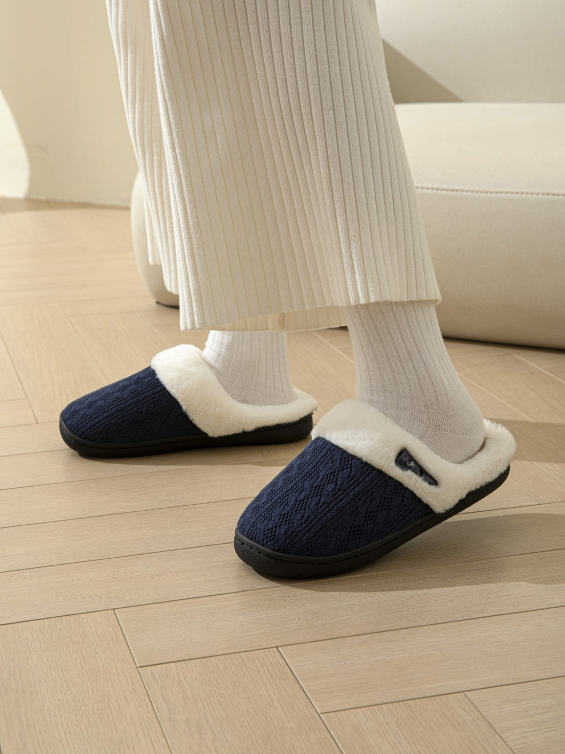 Horn Buckle Furry Texture Flat Slippers 