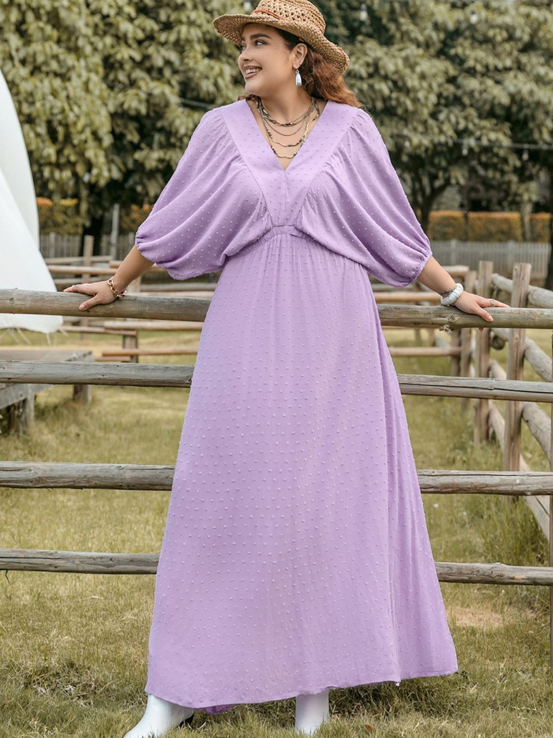 Plus Size Swiss Dot V-Neck Midi Dress 