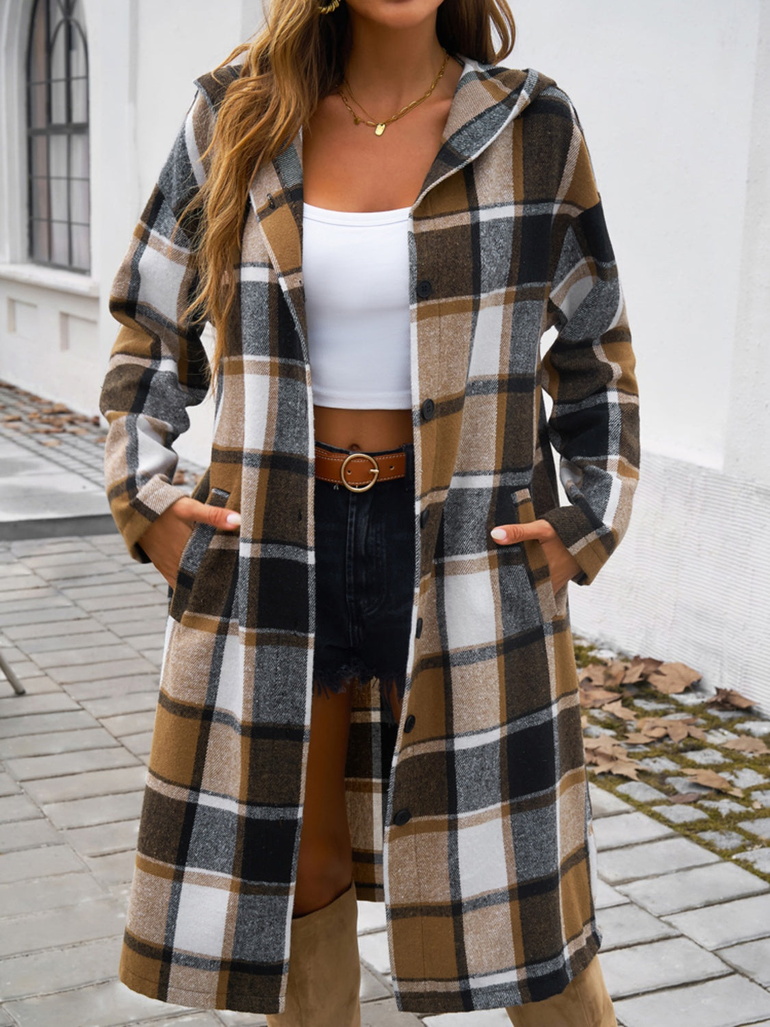 Devine Plaid Long Sleeve Hooded Coat 