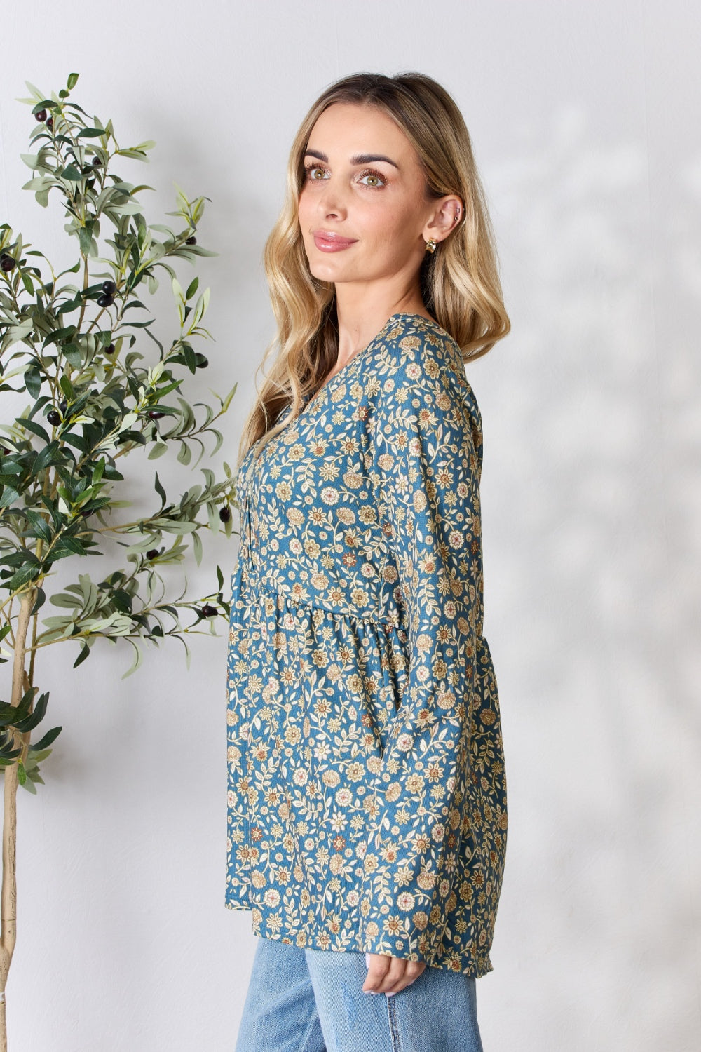 Heimish Full Size Floral Half Button Long Sleeve Blouse 