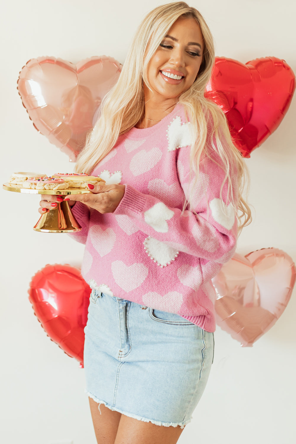 Pink Pearled Heart Print Valentines Crew Neck Sweater Sweaters & Cardigans/Sweaters