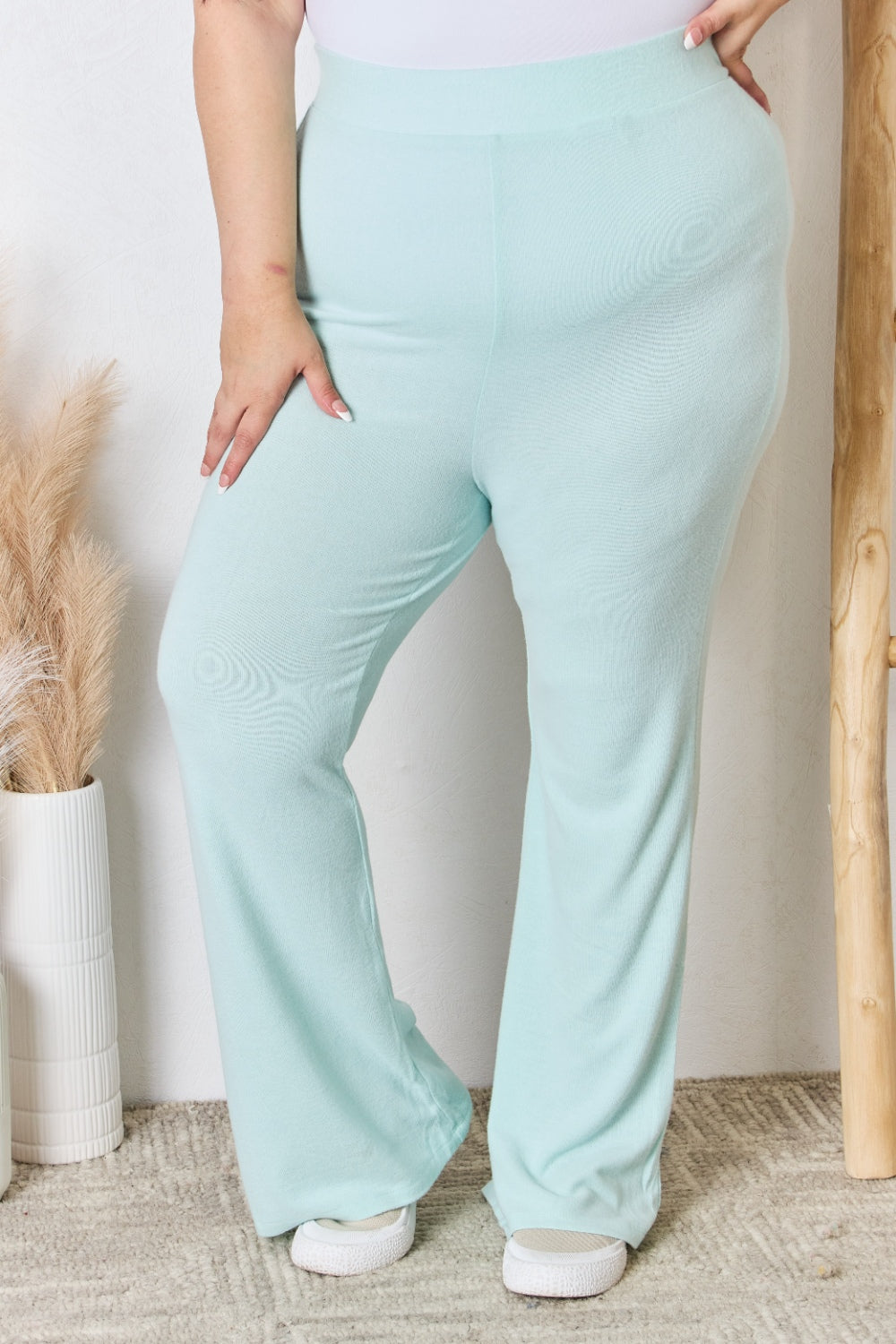 RISEN Full Size High Waist Ultra Soft Knit Flare Pants 