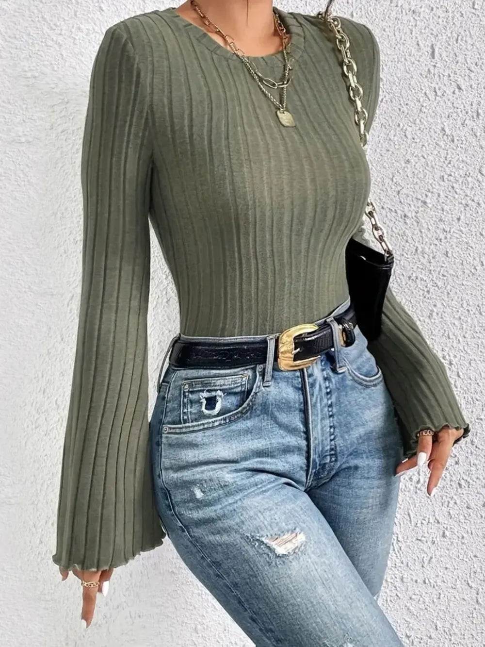 Ribbed Round Neck Flare Sleeve T-Shirt 