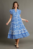 Umgee Full Size Two Tone Border Print Ruffle Cap Sleeve Midi Dress Plus Size Dresses