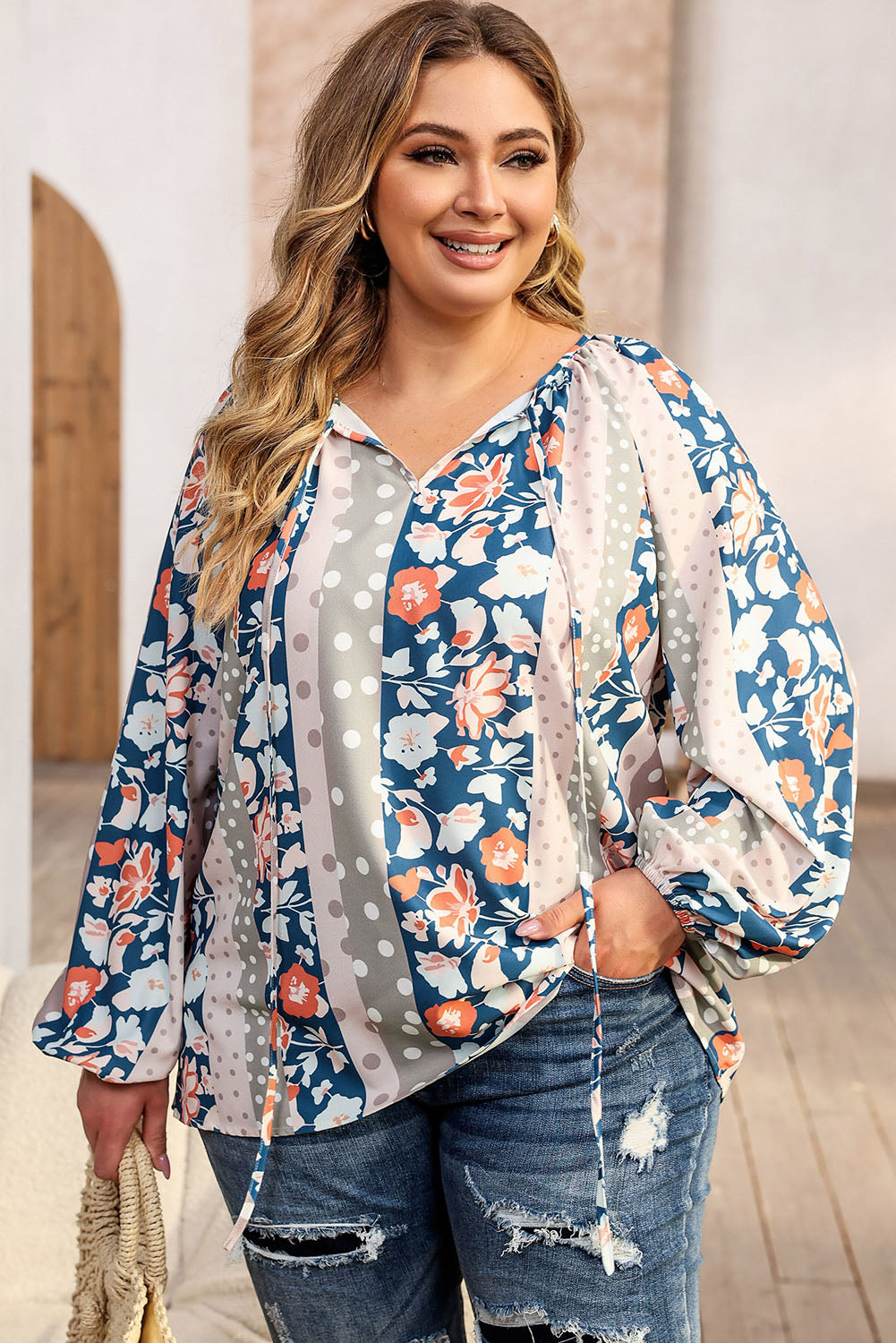 Plus Size Floral Tie Neck Blouse 