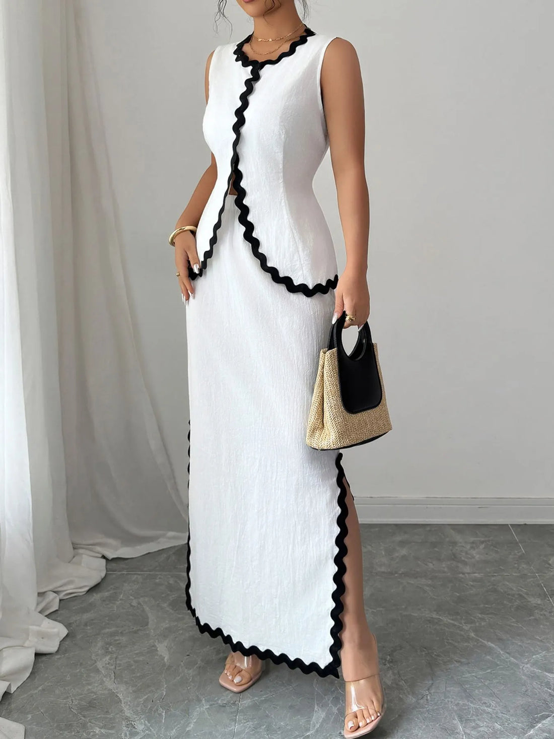 Contrast Scalloped Trim Sleeveless Top and Skirt Set Two Piece Dresses