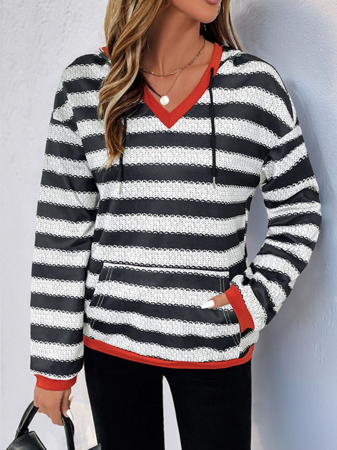 Perfee Contrast Striped Long Sleeve Hoodie 