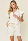 Double Take Full Size Texture Flounce Sleeve Top and Drawstring Shorts Set 