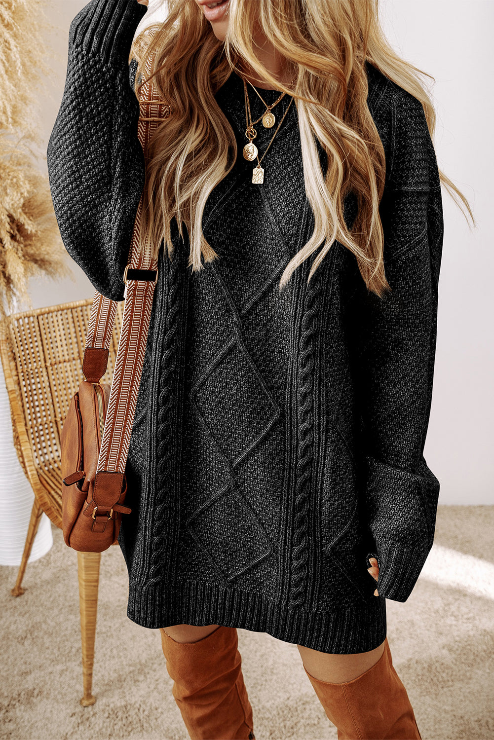 Coffee Cable Knit Drop Shoulder Loose Fit Sweater Dress Sweaters & Cardigans/Sweater Dresses