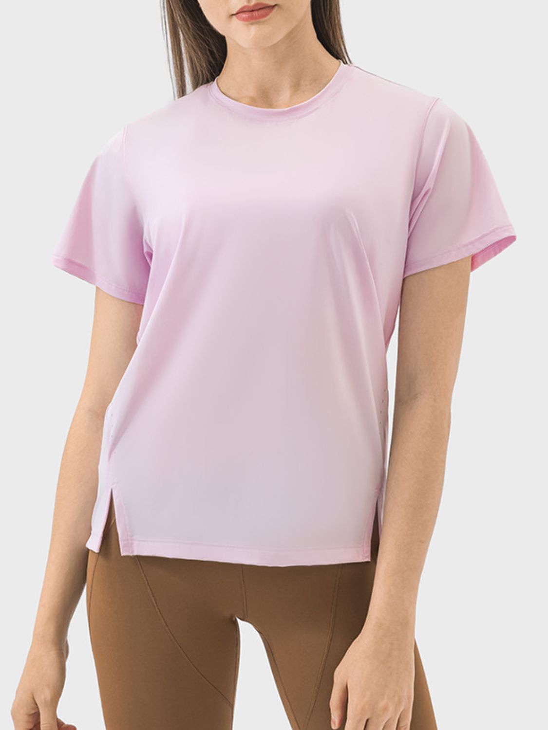 Millennia Slit Round Neck Short Sleeve Active T-Shirt 