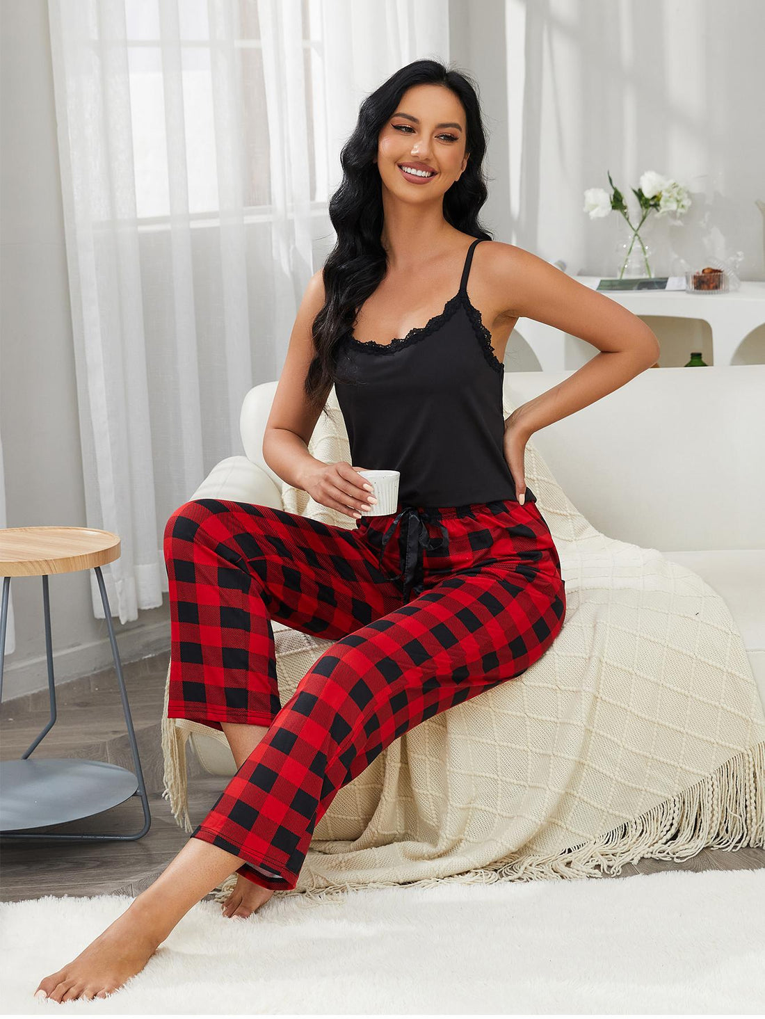 Lace Trim Cami and Plaid Pants Lounge Set Lingerie & Nightwear