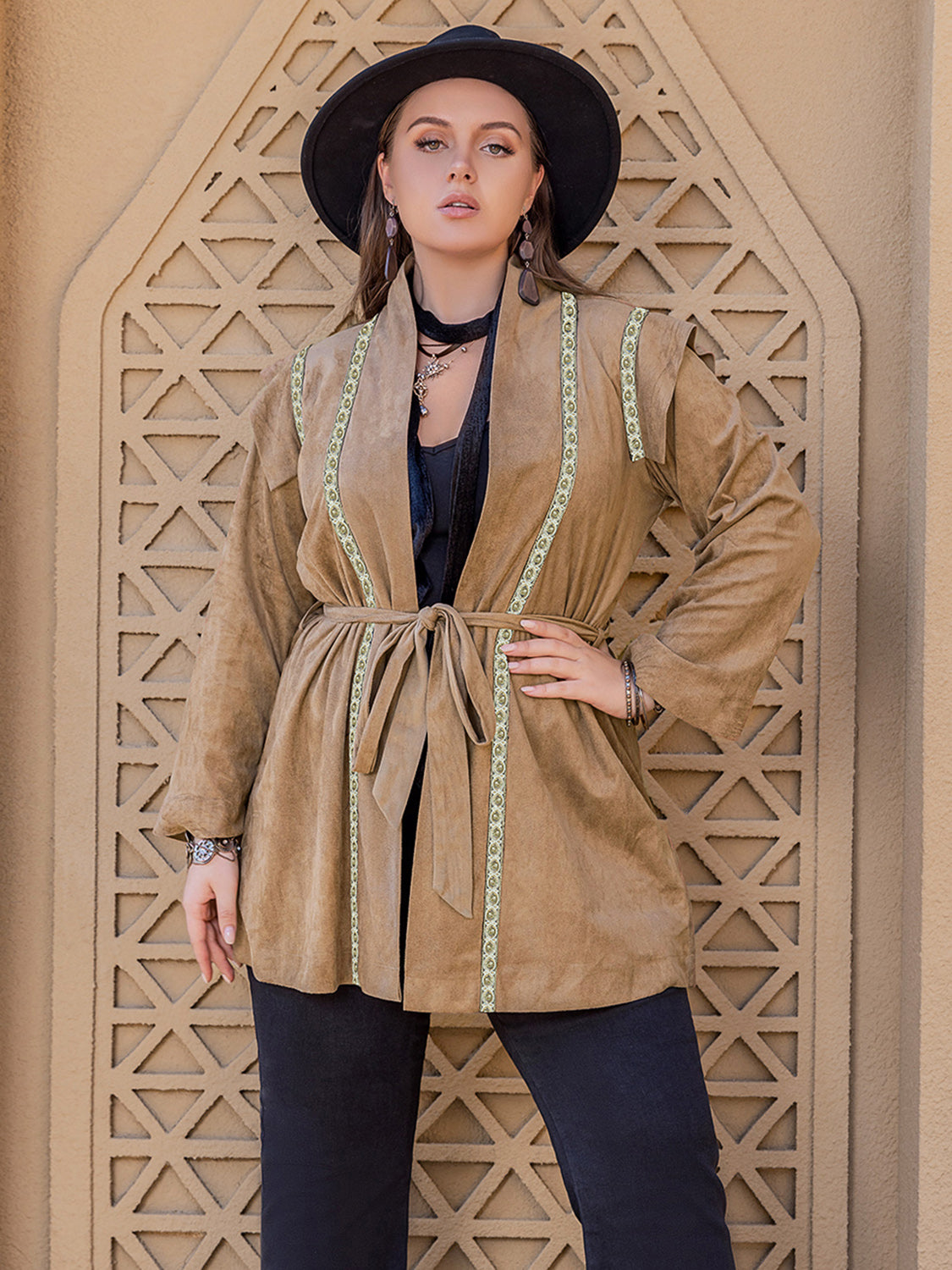 Plus Size Long Sleeve Tie Waist Cardigan 