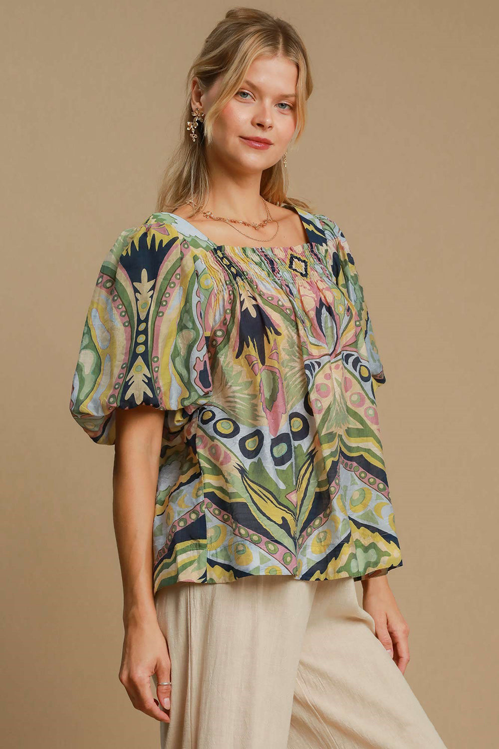 Umgee Full Size Abstract Print Smocked Square Neck Puff Sleeve Blouse 