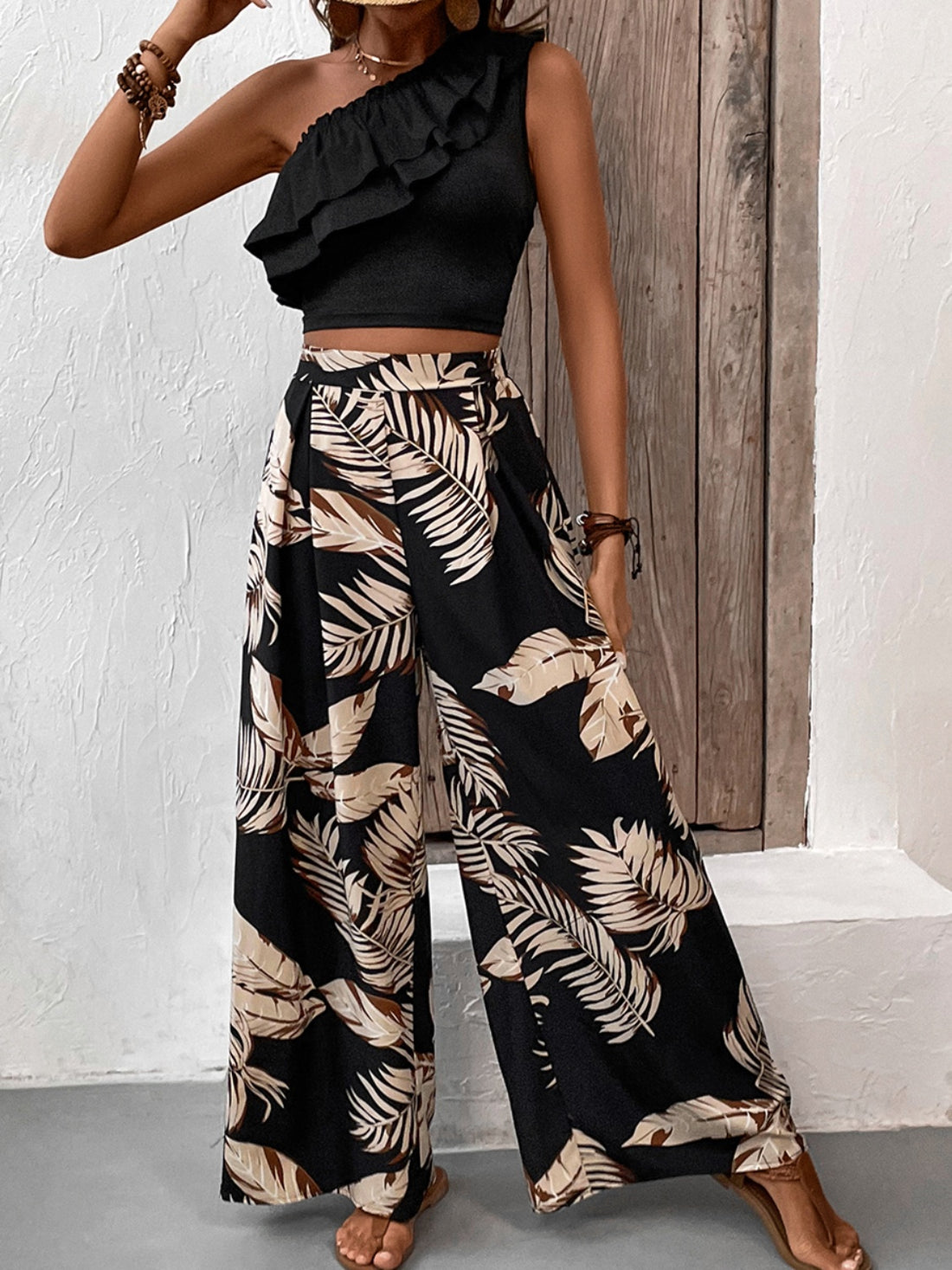Honey Ruffled Sleeveless Top and Printed Pants Set 