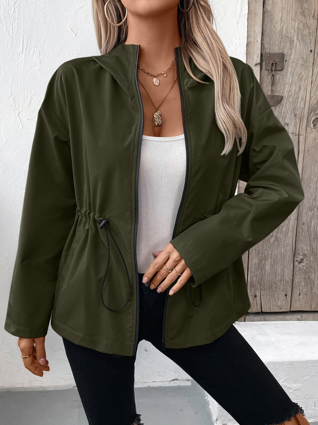 Ivy Lane Drawstring Zip Up Hooded Jacket 