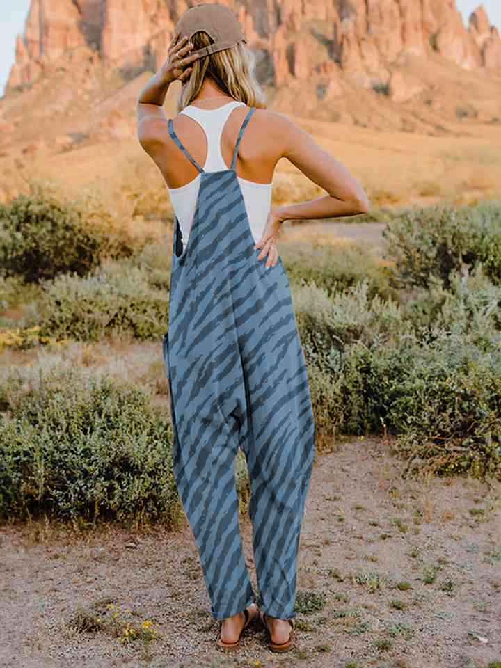 Double Take Full Size Printed V-Neck Sleeveless Jumpsuit 