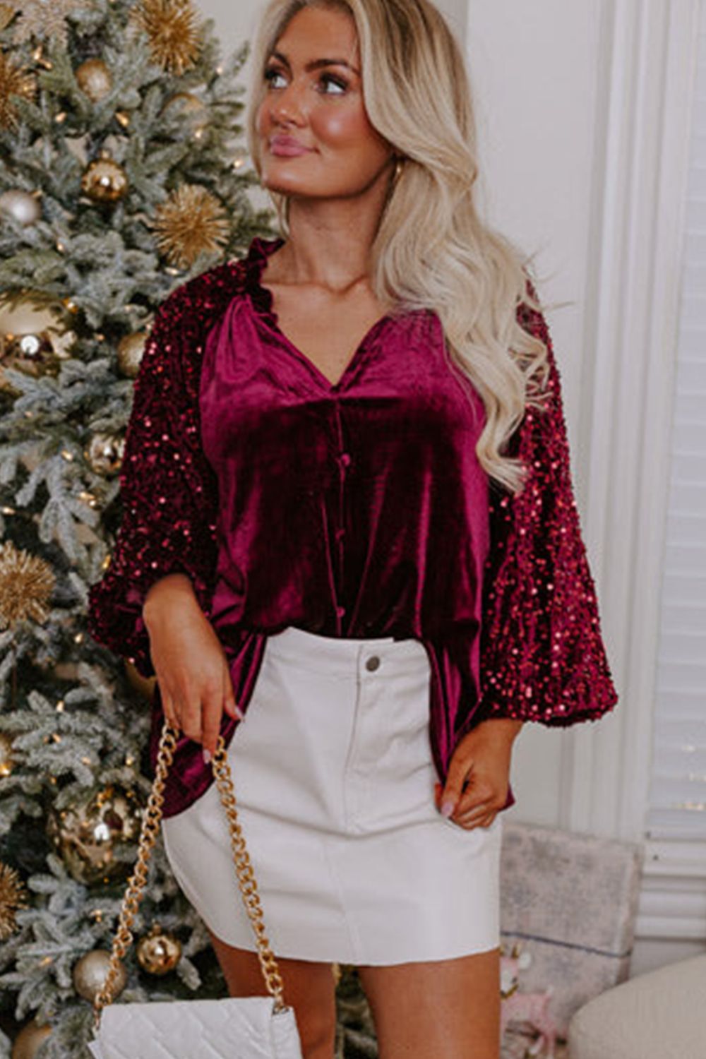 Sequin Notched Long Sleeve Blouse 