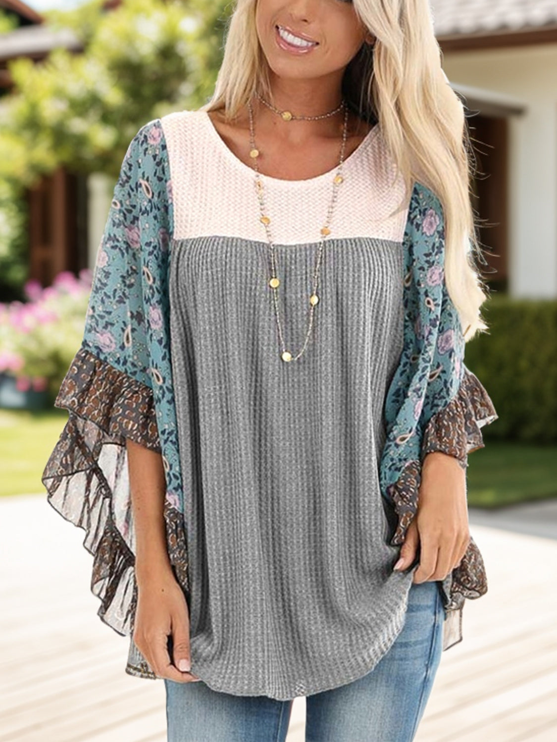 Full Size Printed Round Neck Three-Quarter Sleeve Blouse 