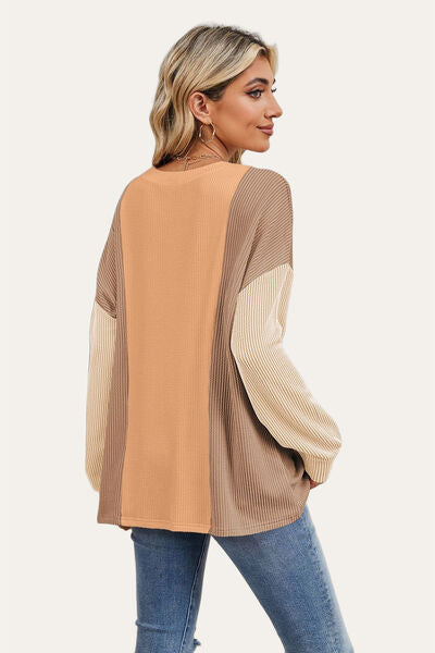 Double Take Texture Contrast Round Neck Long Sleeve T-Shirt 
