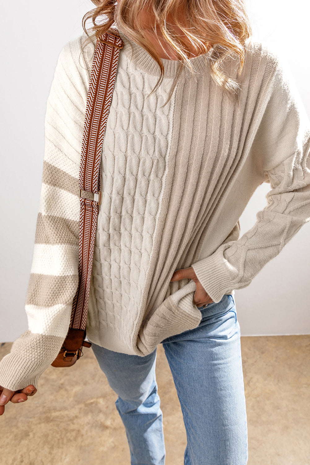 Khaki Cable Knit Colorblock Crew Neck Drop Shoulder Sweater Sweaters & Cardigans/Sweaters