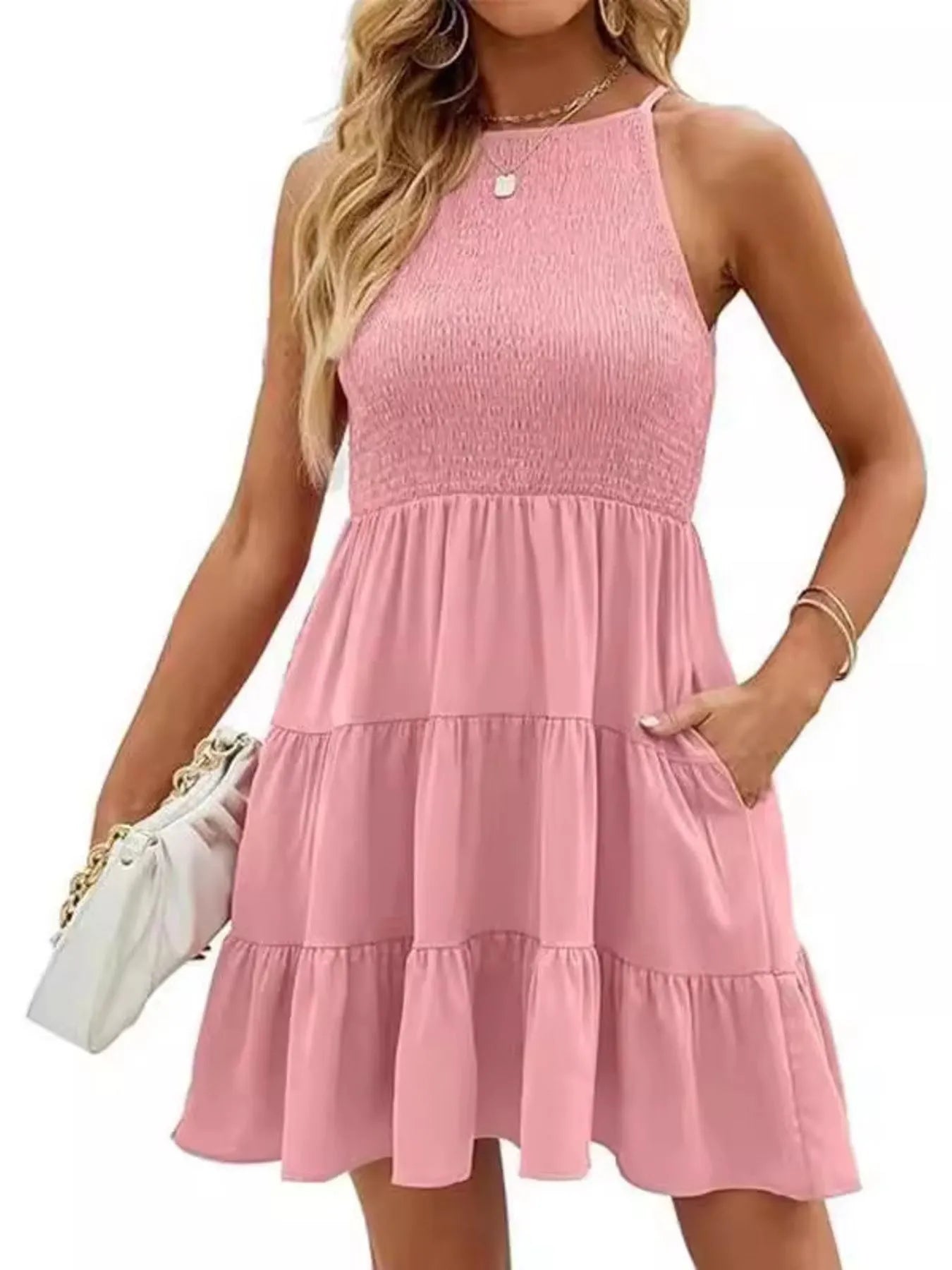 Full Size Sleeveless Smocked Tiered Summer Flare Dress Plus Size 