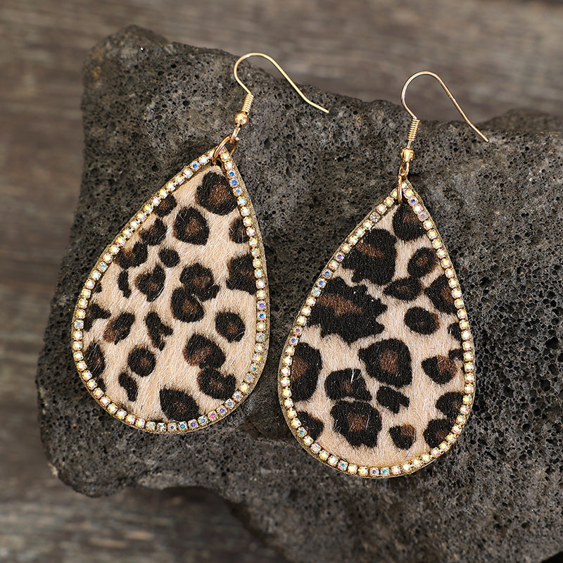 Zircon PU Leopard Teardrop Earrings 