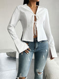 Devine Slit Tied Collared Neck Long Sleeve Blouse 