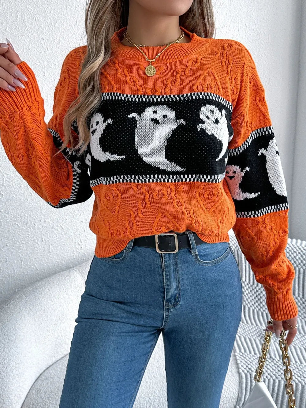 Ghost Round Neck Long Sleeve Sweater 