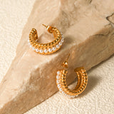 Stainless Steel Pearl C-Hoop Earrings 