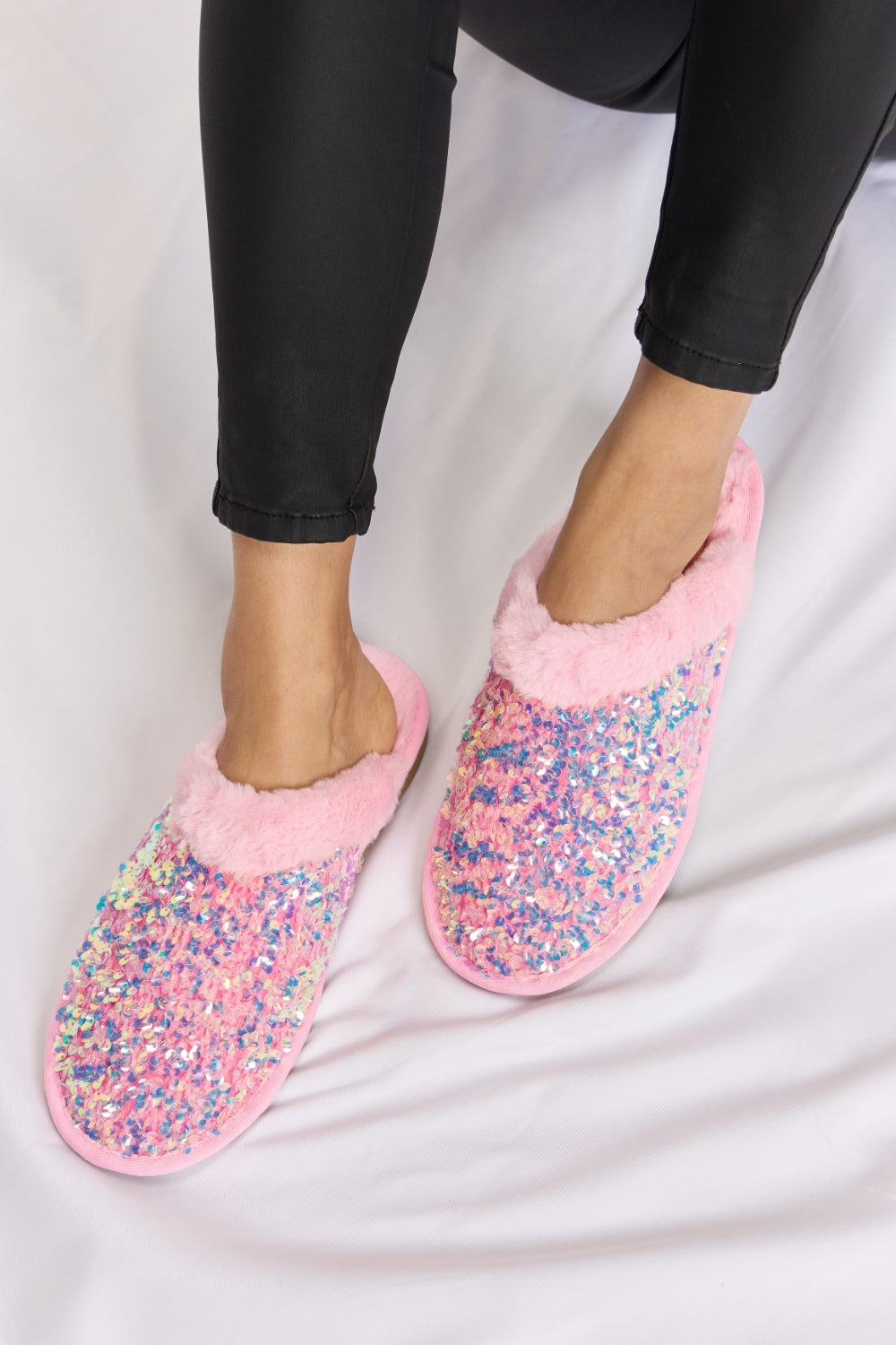 Forever Link Sequin Plush Round Toe Slippers 